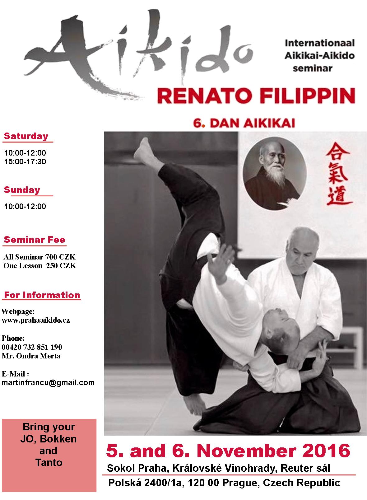 Poster for seminar of Renato Filippin 6. dan Aikido Aikikai in Prague, 5.-6. November 2016